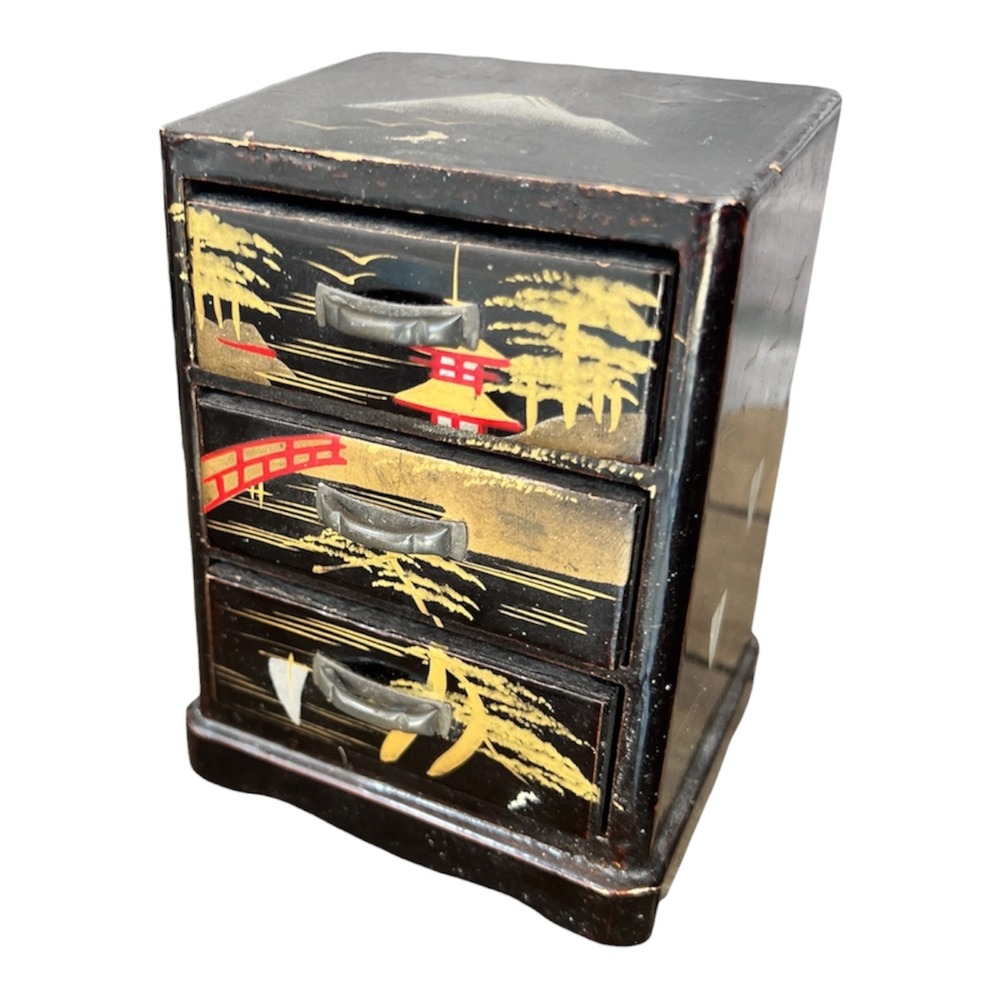 Empress Mini Jewelry Chest Small Black Fair Japanese Lacquer Mount Fuji 3-Drawer